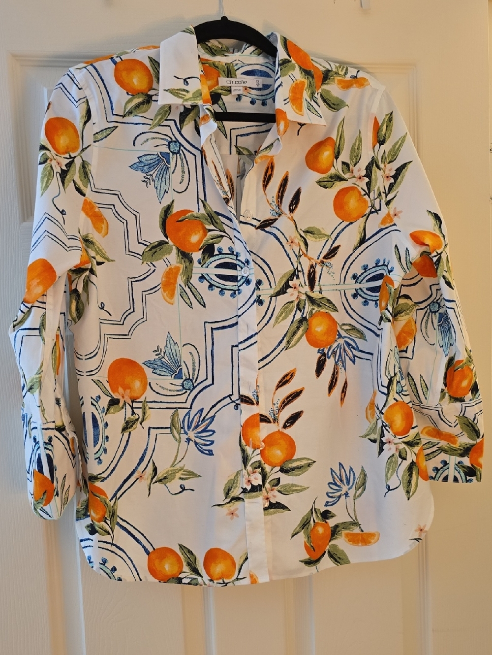 Chico's No Iron White Shirt with Orange & Blue Floral Print (Chico's Size 1.5)